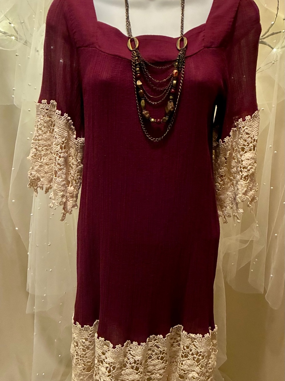 Umgee Wine & Cream Crochet-Trim Mini Dress